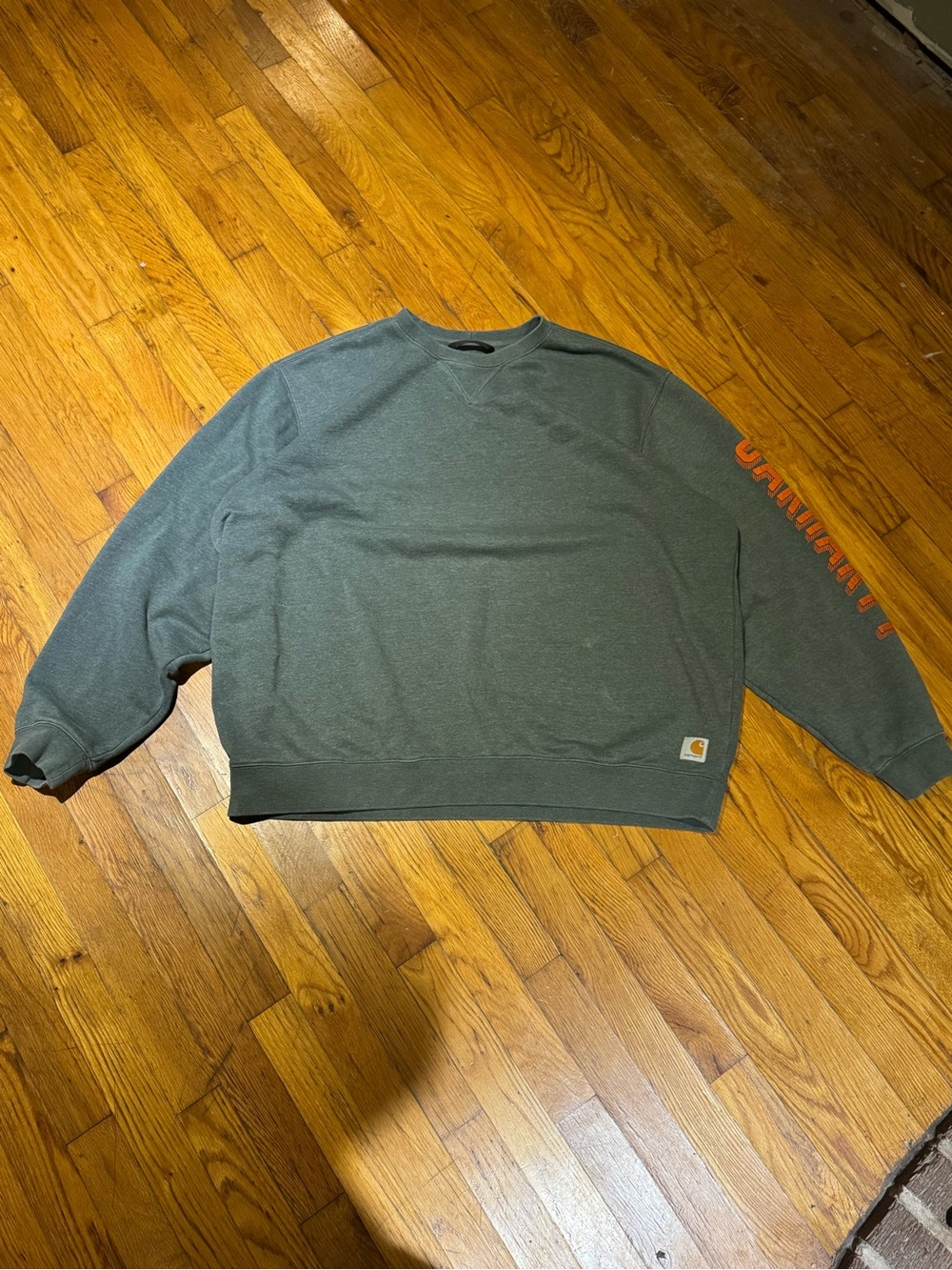 Carhartt Men’s Dark Green Crewneck Sweatshirt with Orange Sleeve Logo (2XL)
